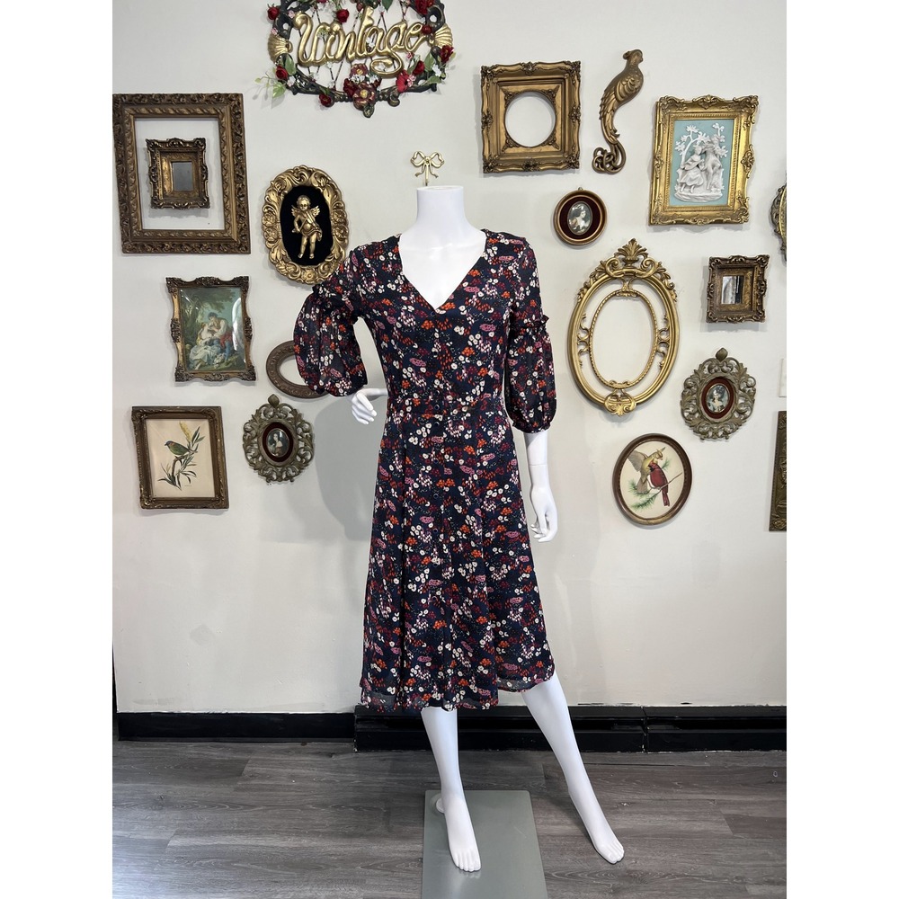Sessùn Amy Navy Floral V-Neck Puff Sleeve Midi Dress Size M